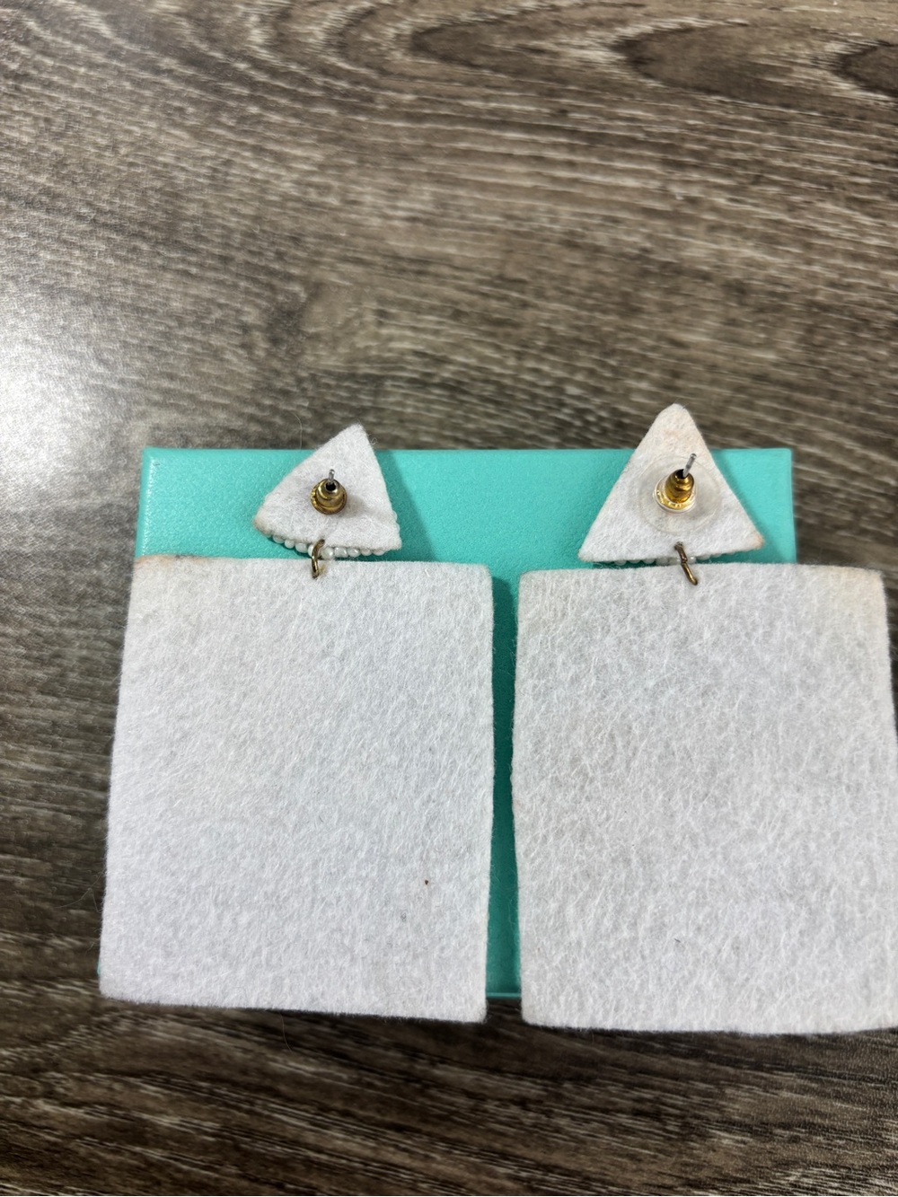Handcrafted Beaded Geometric Drop Earrings - White, Gold, Teal, Black - 3” drop - Picture 3 of 4